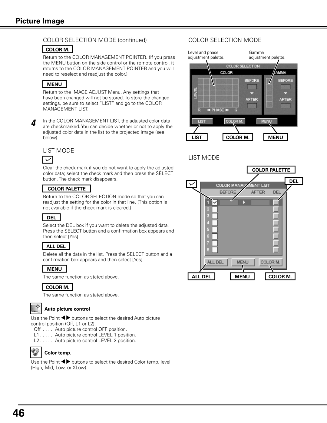 Sanyo PLC-XP100BKL, PLC-XP100L owner manual Picture Image, COLOR SELECTION MODE continued, List Mode, Color Selection Mode 