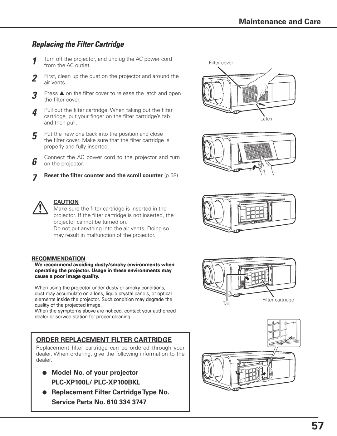 Sanyo PLC-XP100L, PLC-XP100BKL owner manual Maintenance and Care, Filter cover Latch, Filter cartridge 