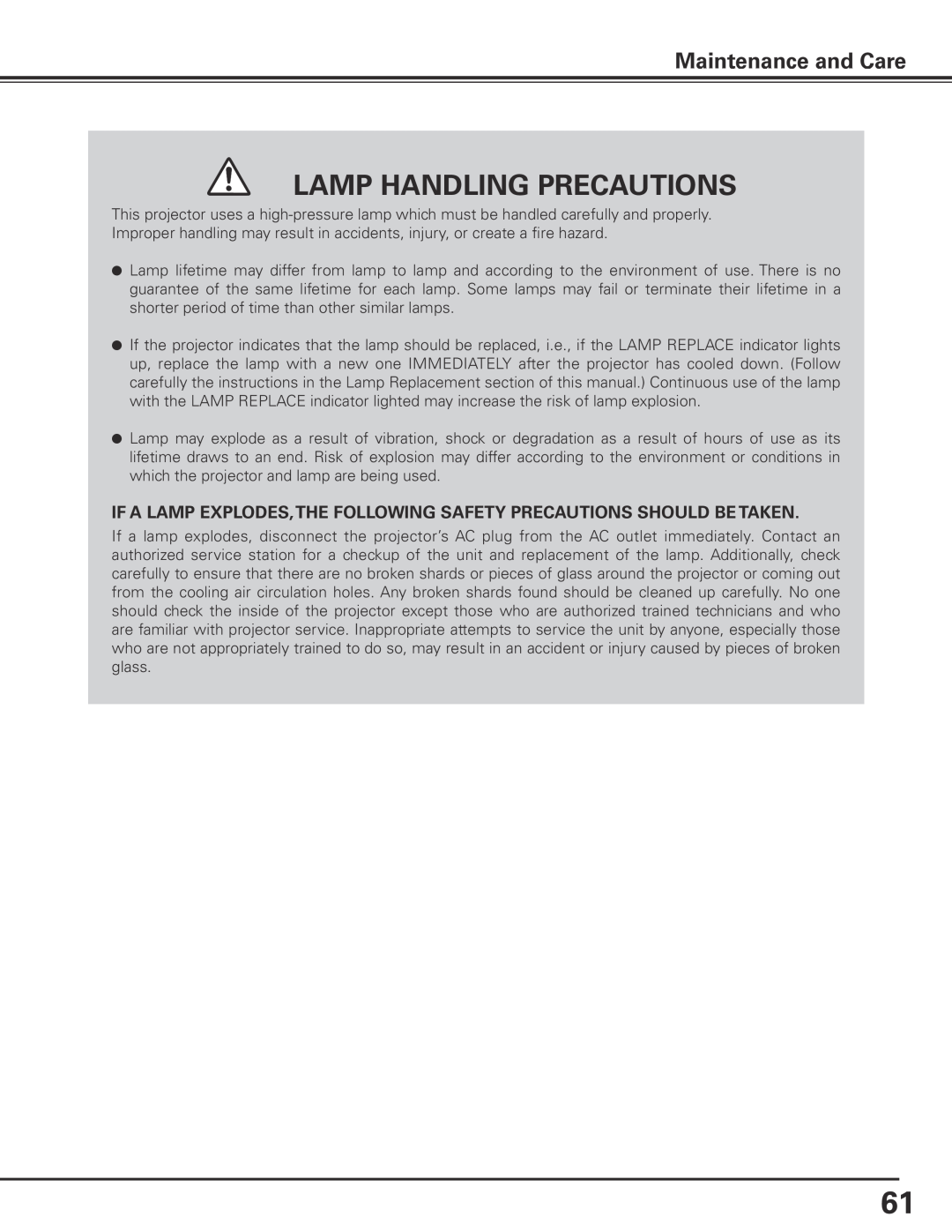 Sanyo PLC-XP100L, PLC-XP100BKL owner manual Lamp Handling Precautions, Maintenance and Care 