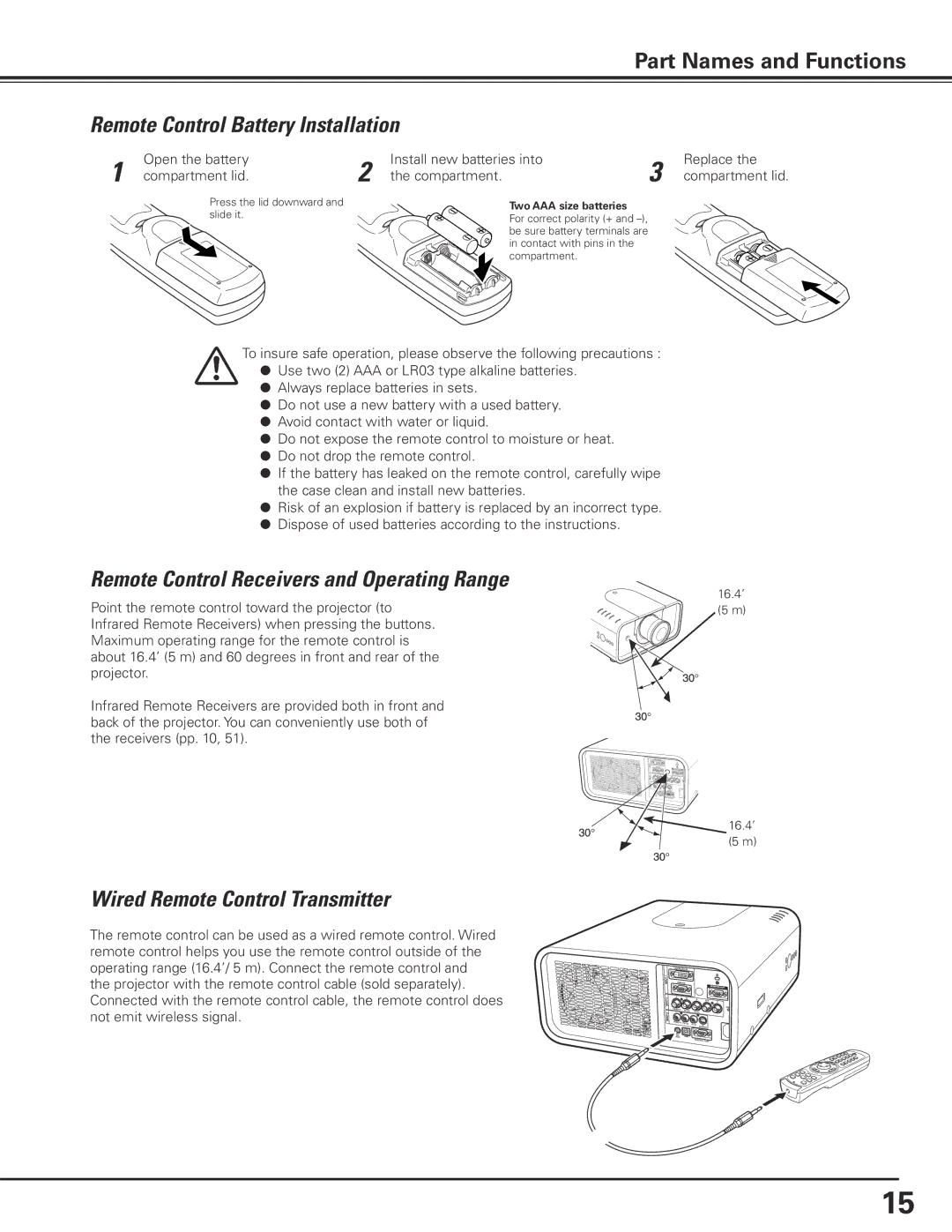 Sanyo PLC-XP100L, PLC-XP100BKL Remote Control Battery Installation, Remote Control Receivers and Operating Range 