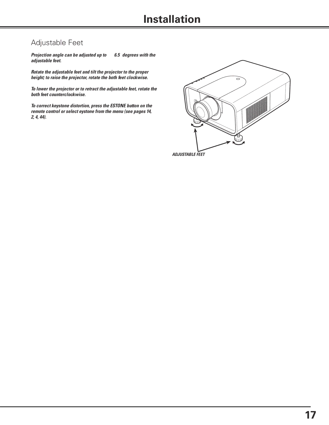 Sanyo PLC-XP100L, PLC-XP100BKL owner manual Installation, Adjustable Feet 