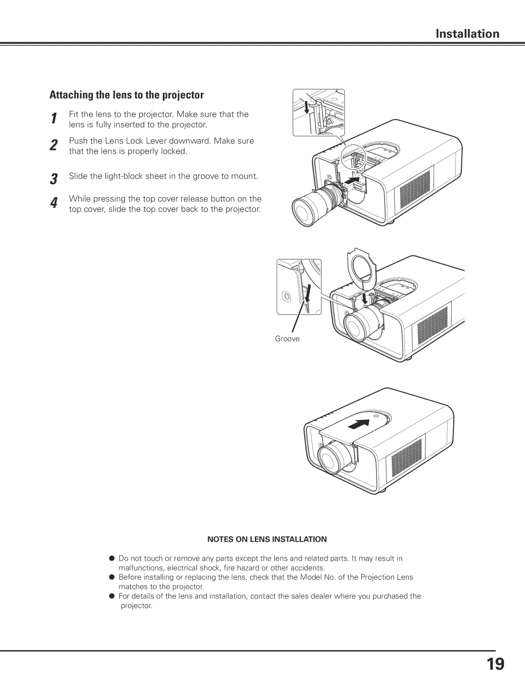 Sanyo PLC-XP100L, PLC-XP100BKL owner manual Attaching the lens to the projector 