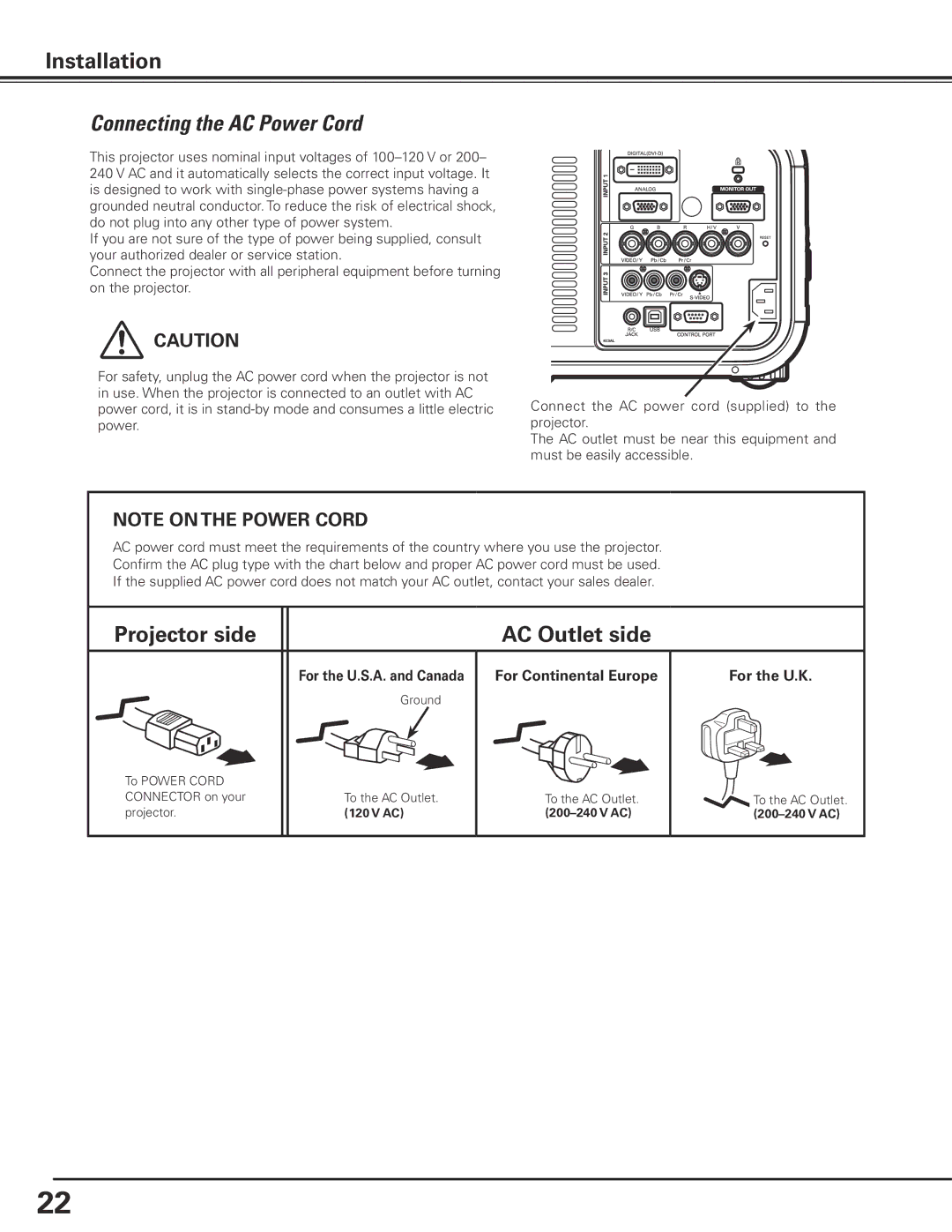 Sanyo PLC-XP100BKL Connecting the AC Power Cord, For the U..K, For the U..S..A.. and Canada For Continental Europe 