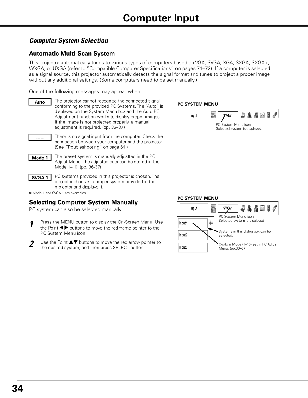 Sanyo PLC-XP100BKL, PLC-XP100L owner manual Computer Input, Computer System Selection, Automatic Multi-Scan System 