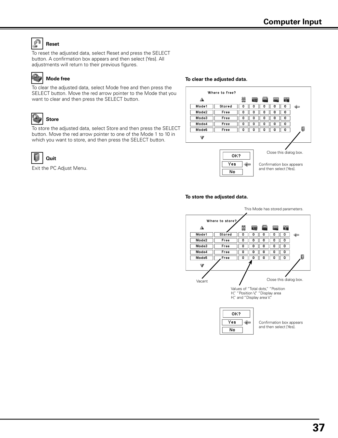 Sanyo PLC-XP100L, PLC-XP100BKL owner manual Reset, Mode free, Store, Quit, To store the adjusted data 