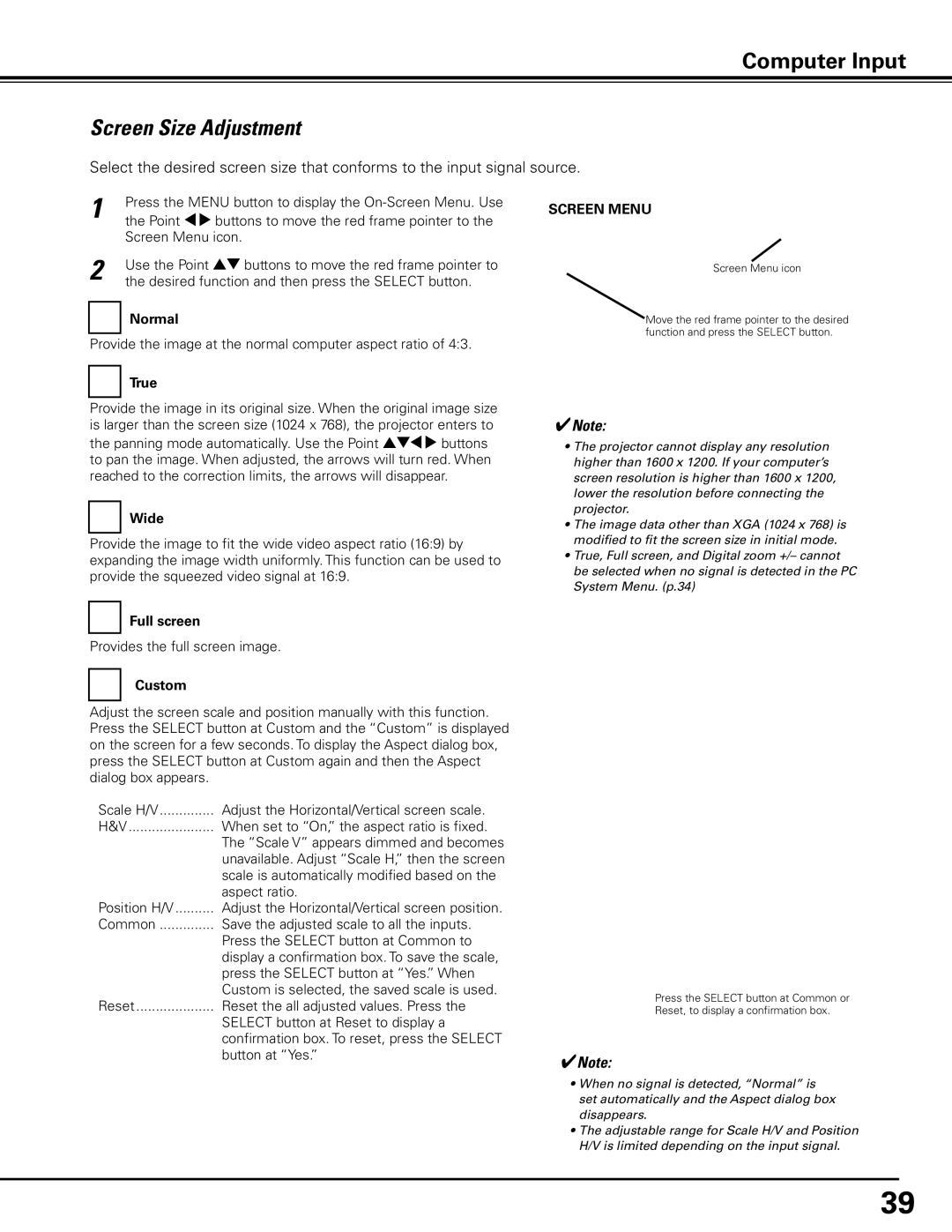 Sanyo PLC-XP100L, PLC-XP100BKL owner manual Screen Size Adjustment, Screen Menu 