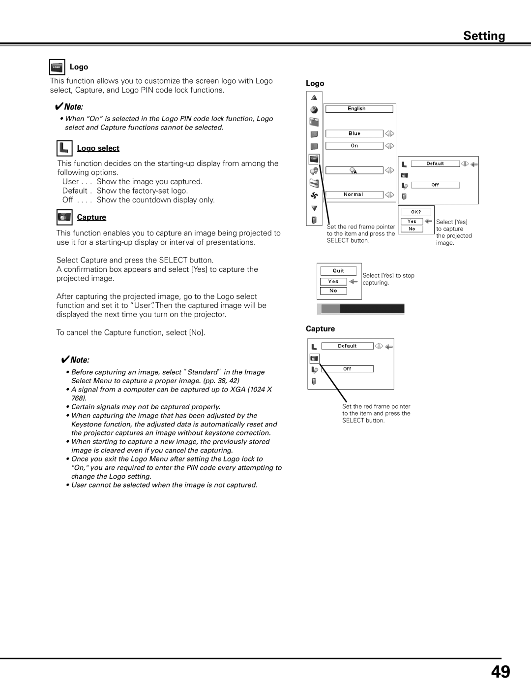 Sanyo PLC-XP100L, PLC-XP100BKL owner manual Logo select, Logo Capture 