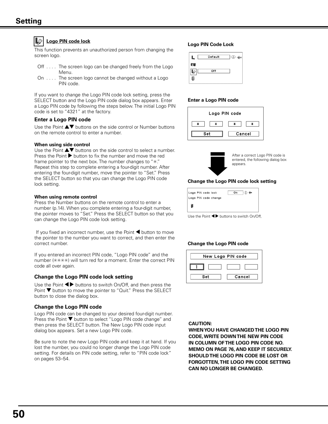 Sanyo PLC-XP100BKL, PLC-XP100L Enter a Logo PIN code, Change the Logo PIN code lock setting, Change the Logo PIN code 