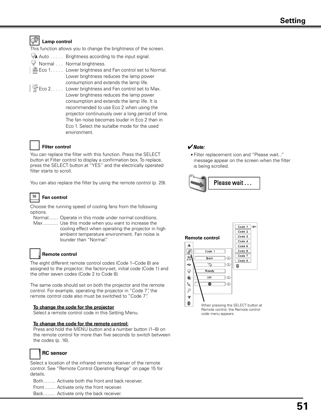 Sanyo PLC-XP100L, PLC-XP100BKL owner manual RC sensor 