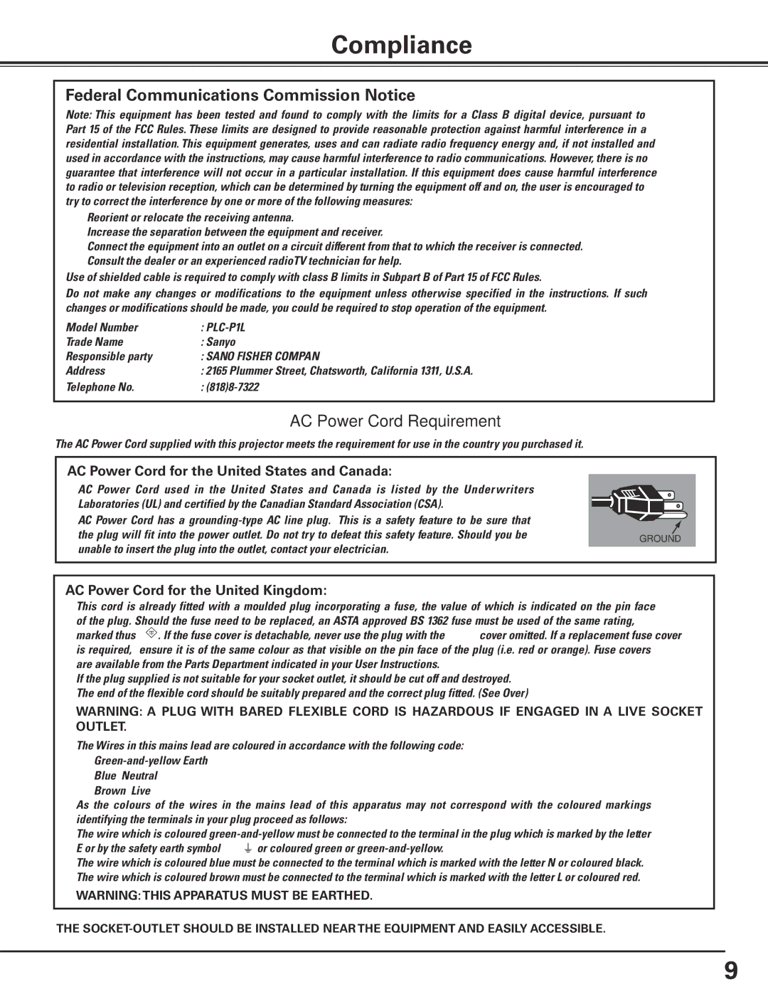 Sanyo PLC-XP100L, PLC-XP100BKL owner manual Compliance, Federal Communications Commission Notice 