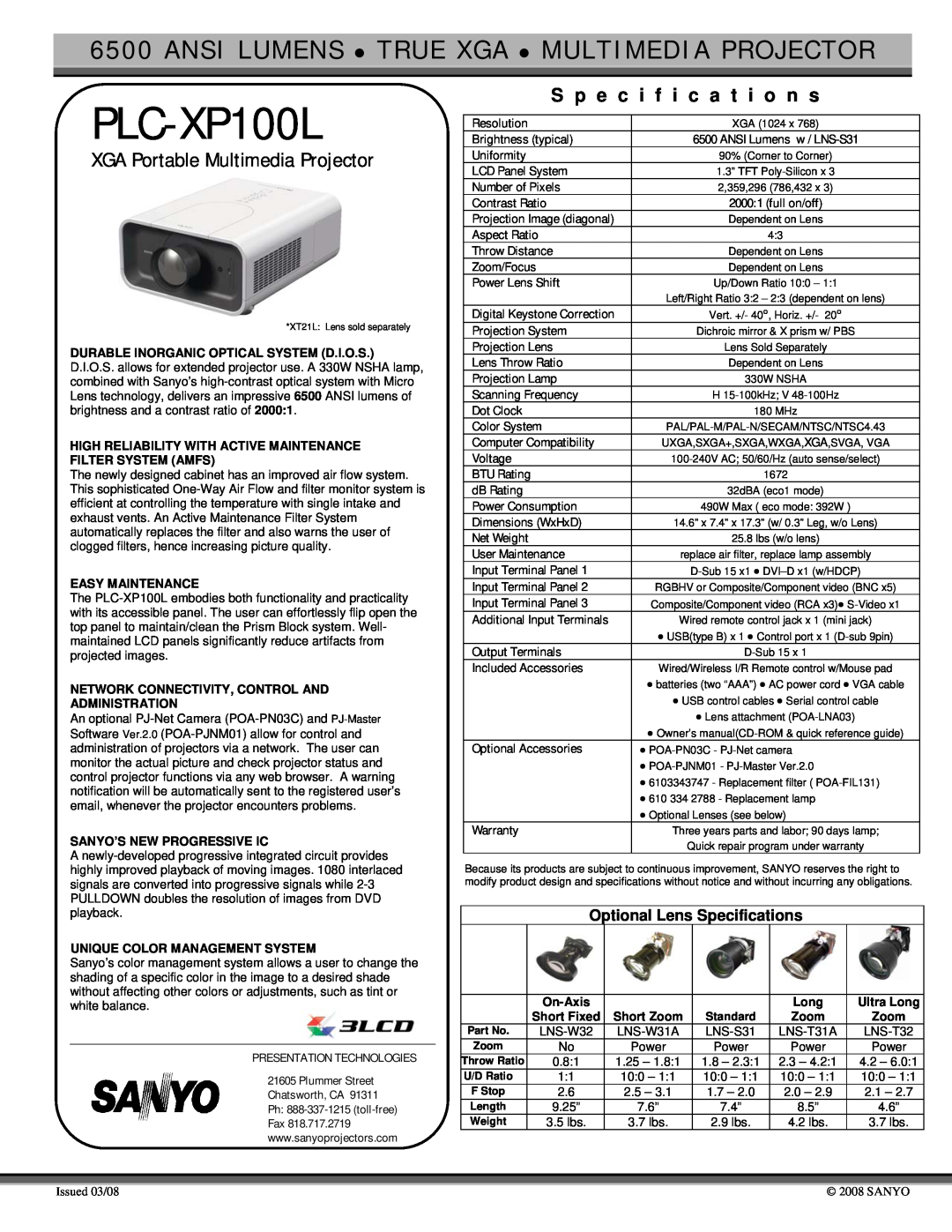 Sanyo PLC-XP100L specifications S p e c i f i c a t i o n s, XGA Portable Multimedia Projector 
