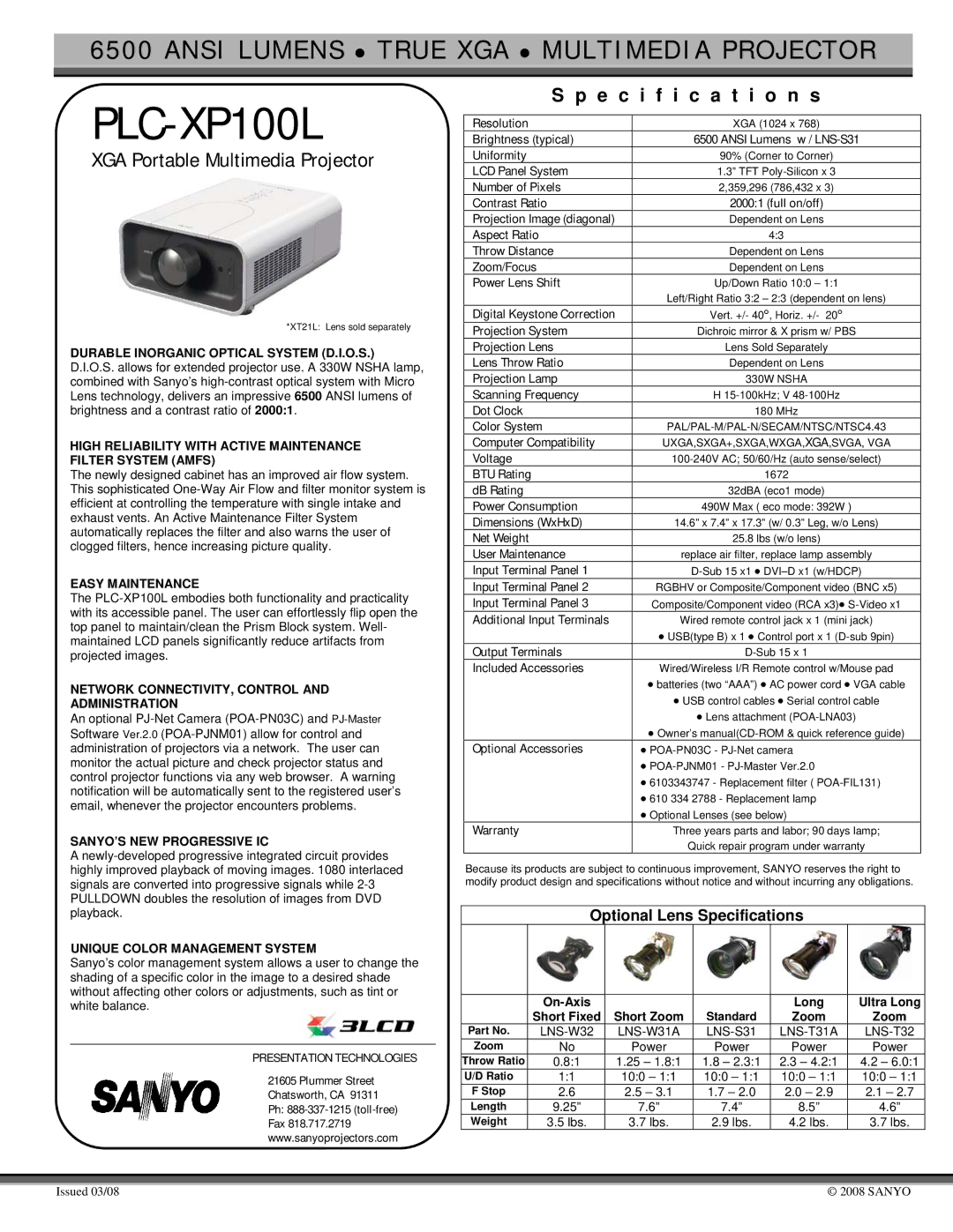 Sanyo PLC-XP100L specifications High Reliability with Active Maintenance Filter System Amfs, Easy Maintenance 