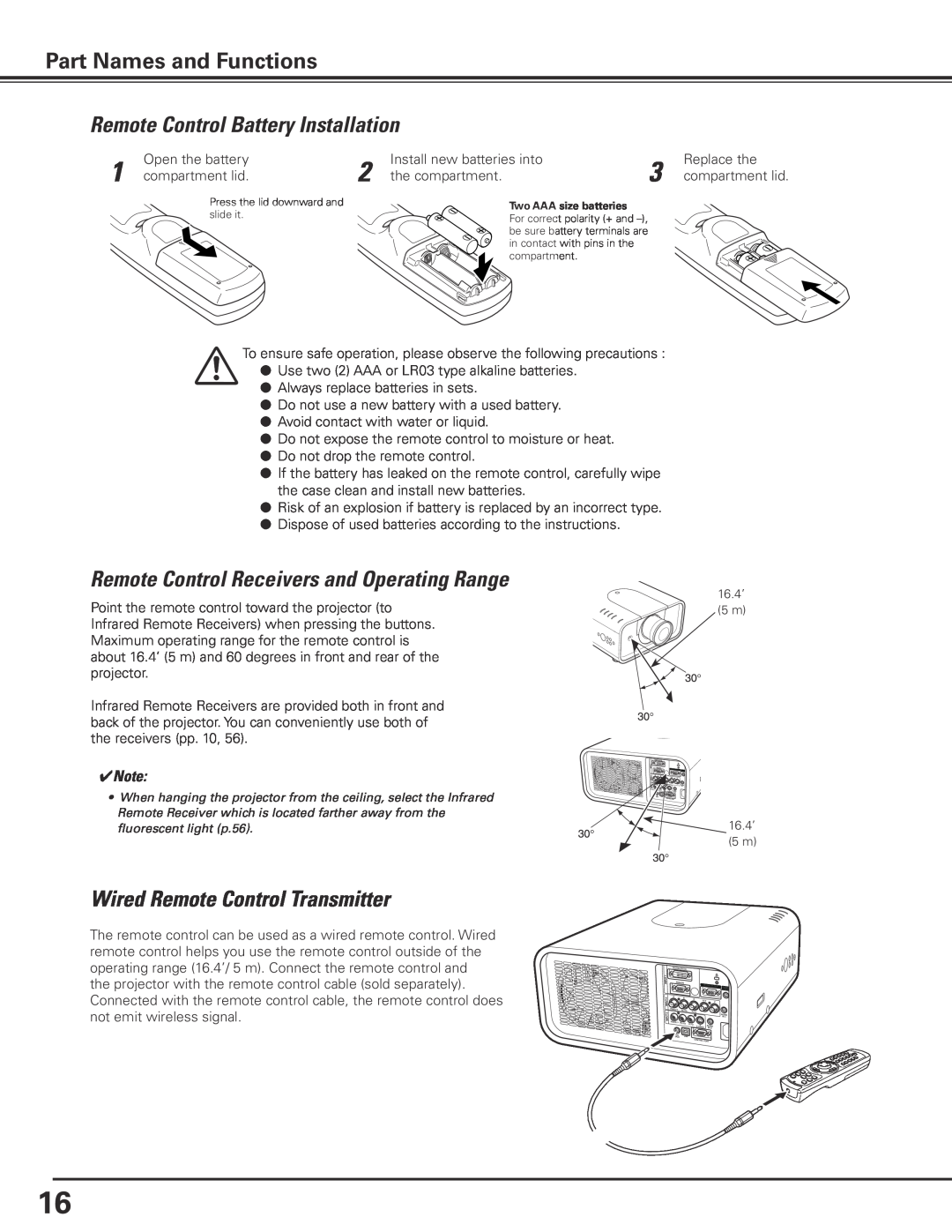 Sanyo PLC-XP200L owner manual Remote Control Battery Installation, Remote Control Receivers and Operating Range 
