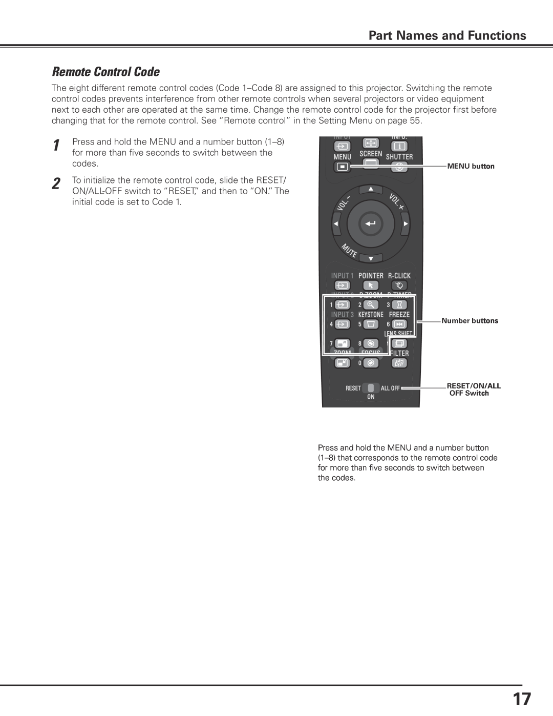Sanyo PLC-XP200L owner manual Remote Control Code, Part Names and Functions 