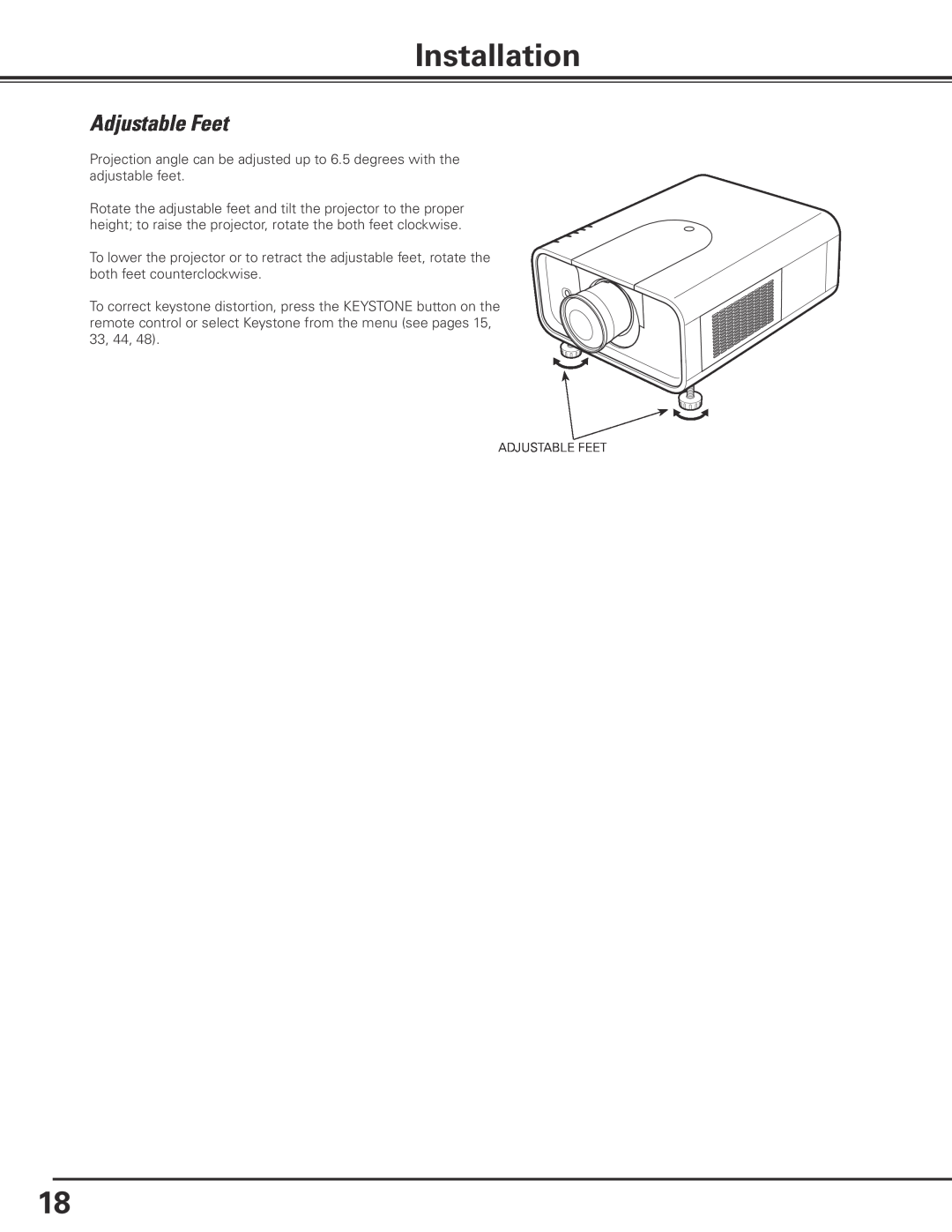 Sanyo PLC-XP200L owner manual Installation, Adjustable Feet 