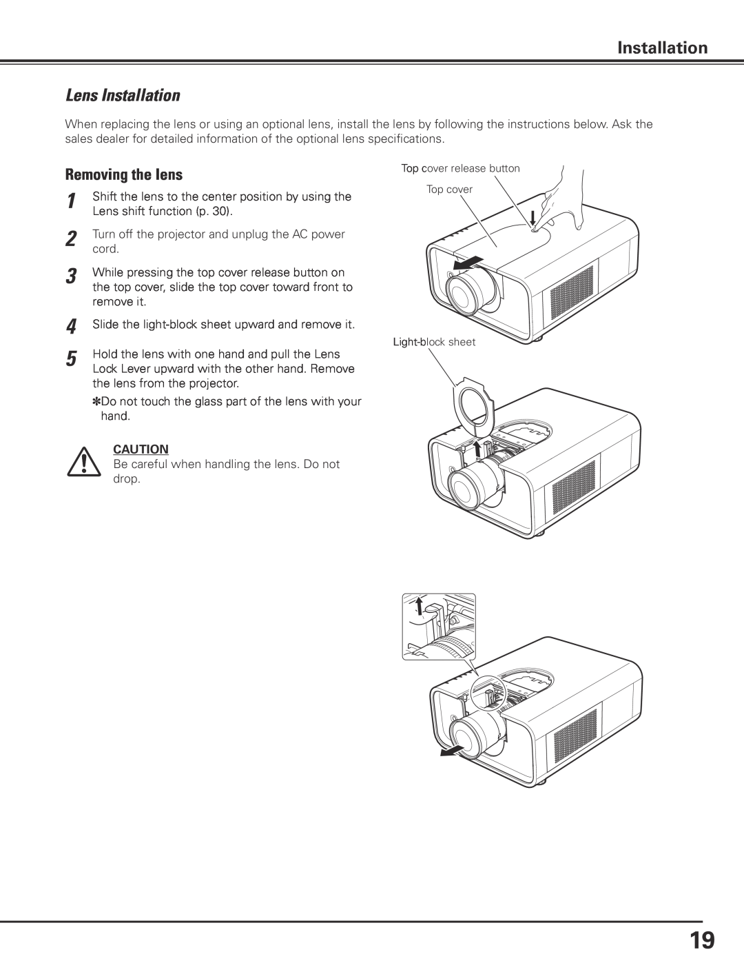 Sanyo PLC-XP200L owner manual Lens Installation, Removing the lens 