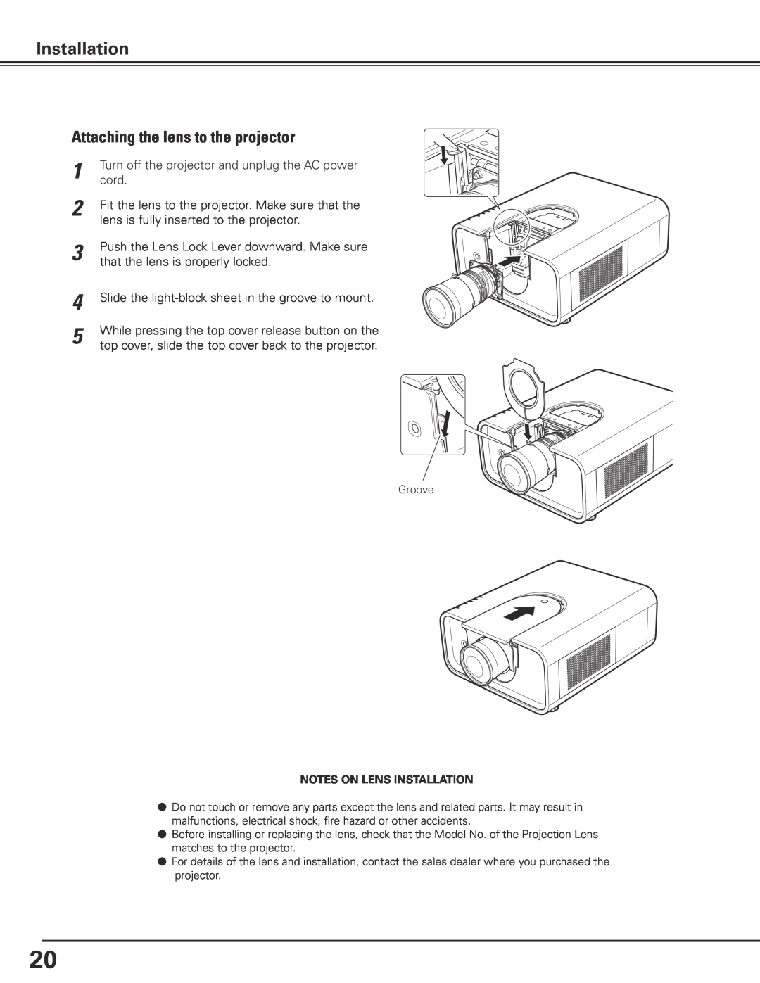 Sanyo PLC-XP200L owner manual Attaching the lens to the projector, Notes On Lens Installation 