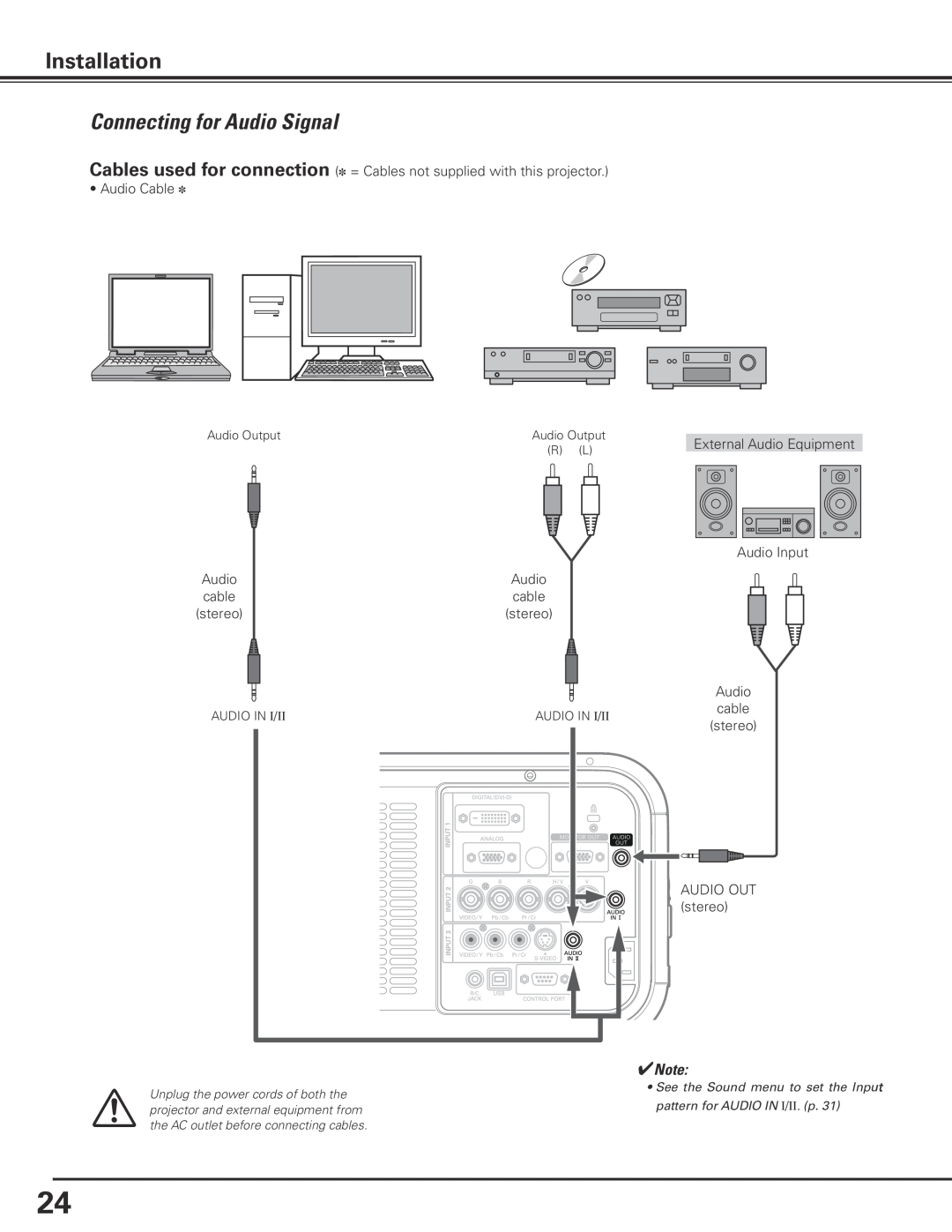 Sanyo PLC-XP200L owner manual Connecting for Audio Signal, Installation 