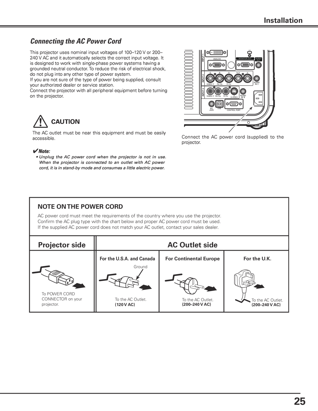 Sanyo PLC-XP200L owner manual Connecting the AC Power Cord, Projector side, AC Outlet side, Installation 