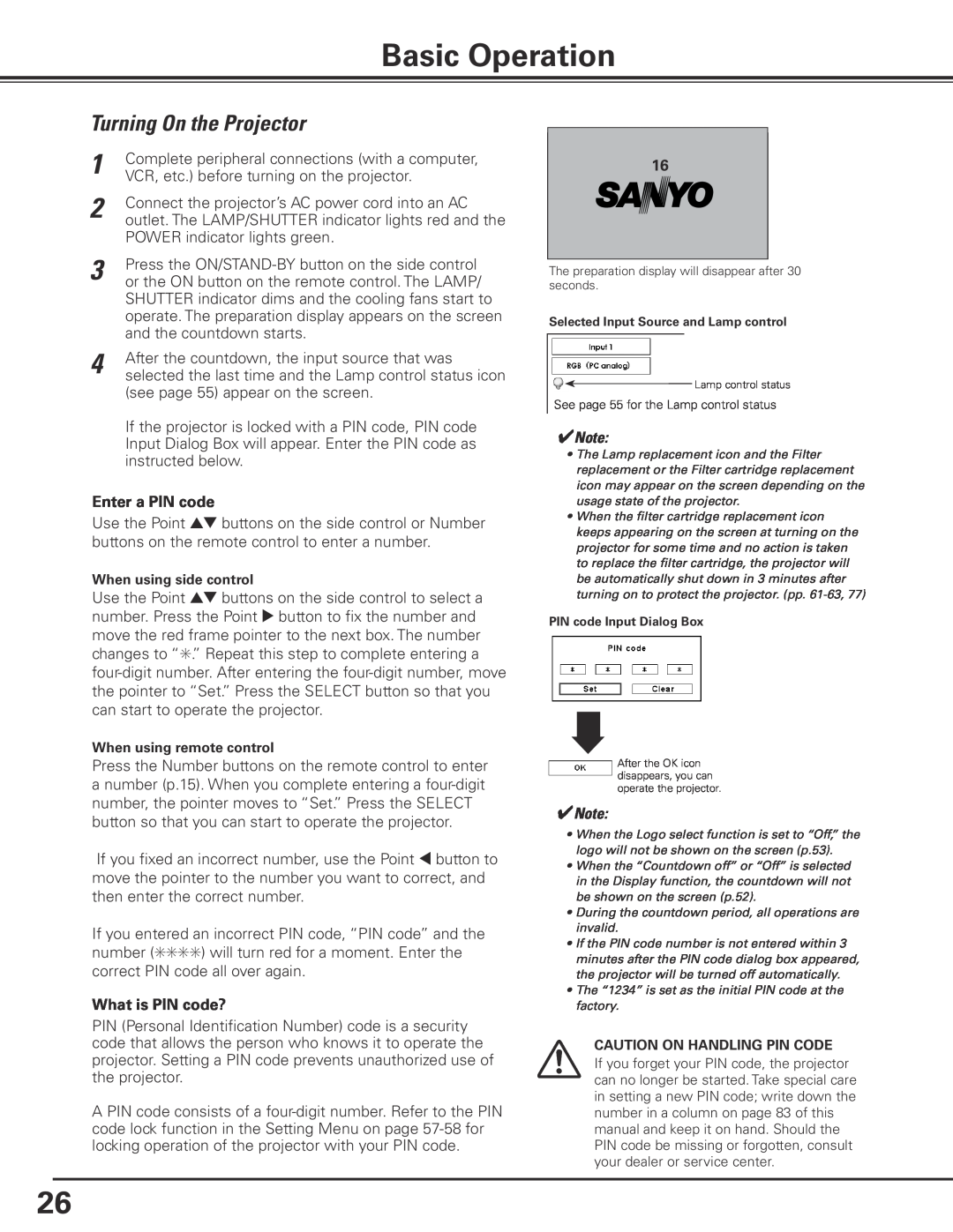 Sanyo PLC-XP200L owner manual Basic Operation, Turning On the Projector 
