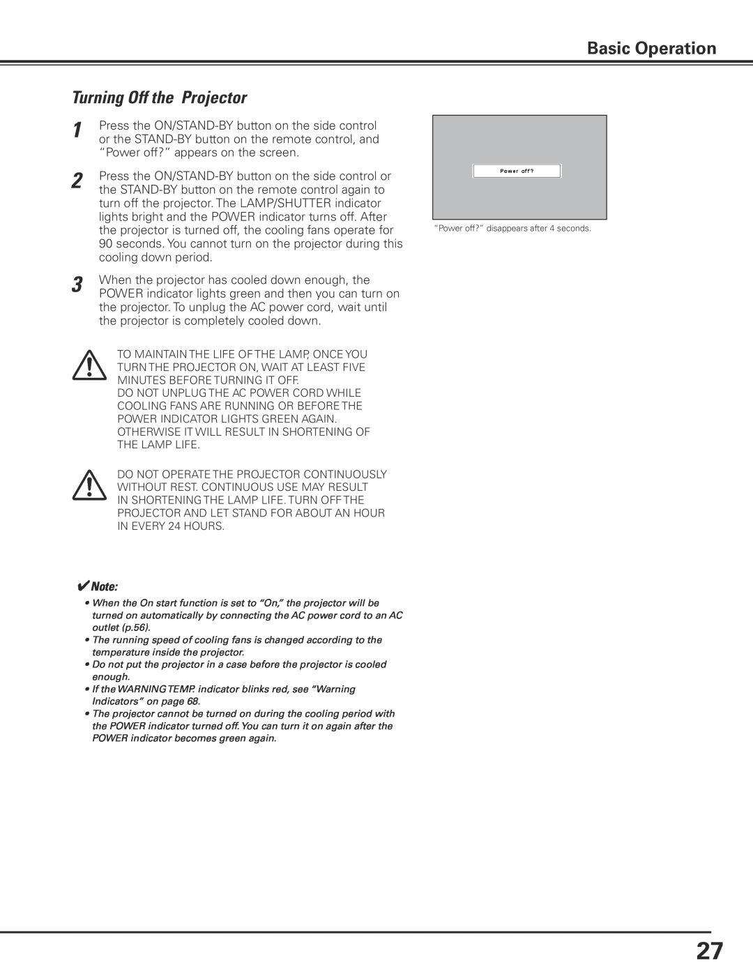 Sanyo PLC-XP200L owner manual Basic Operation, Turning Off the Projector 