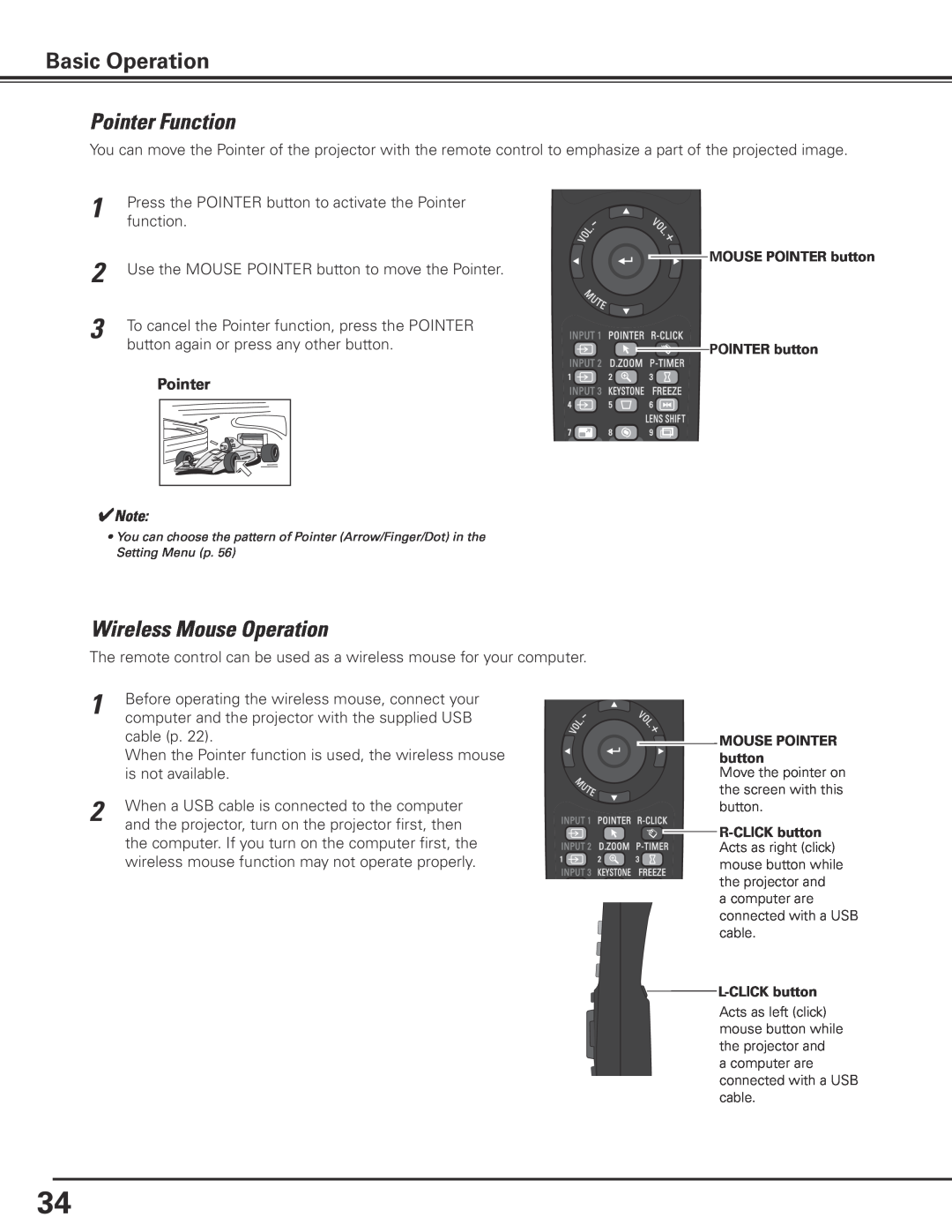 Sanyo PLC-XP200L owner manual Pointer Function, Wireless Mouse Operation, Basic Operation 