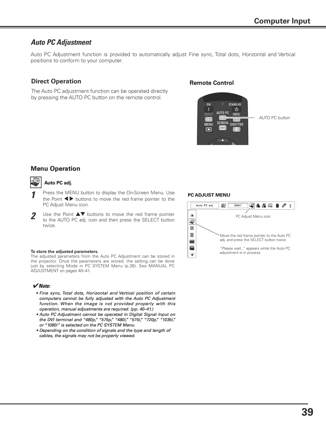 Sanyo PLC-XP200L owner manual Computer Input, Auto PC Adjustment, Remote Control 