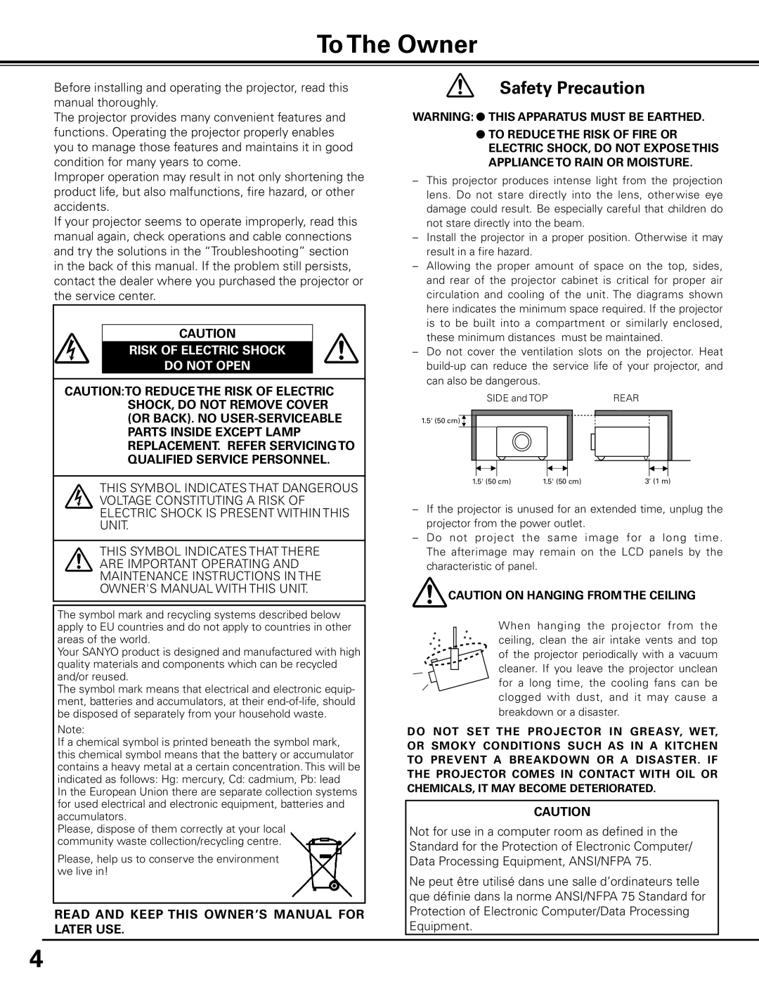 Sanyo PLC-XP200L owner manual To The Owner, Safety Precaution, Risk Of Electric Shock Do Not Open 