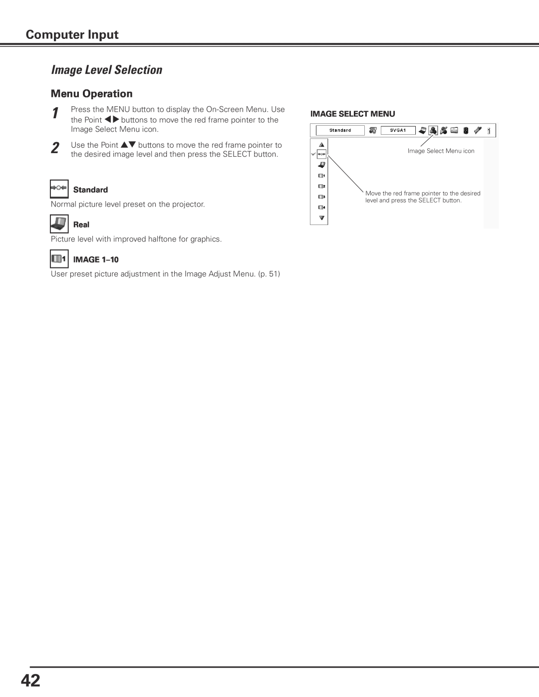 Sanyo PLC-XP200L owner manual Image Level Selection, Computer Input, Standard, Real, Image Select Menu 