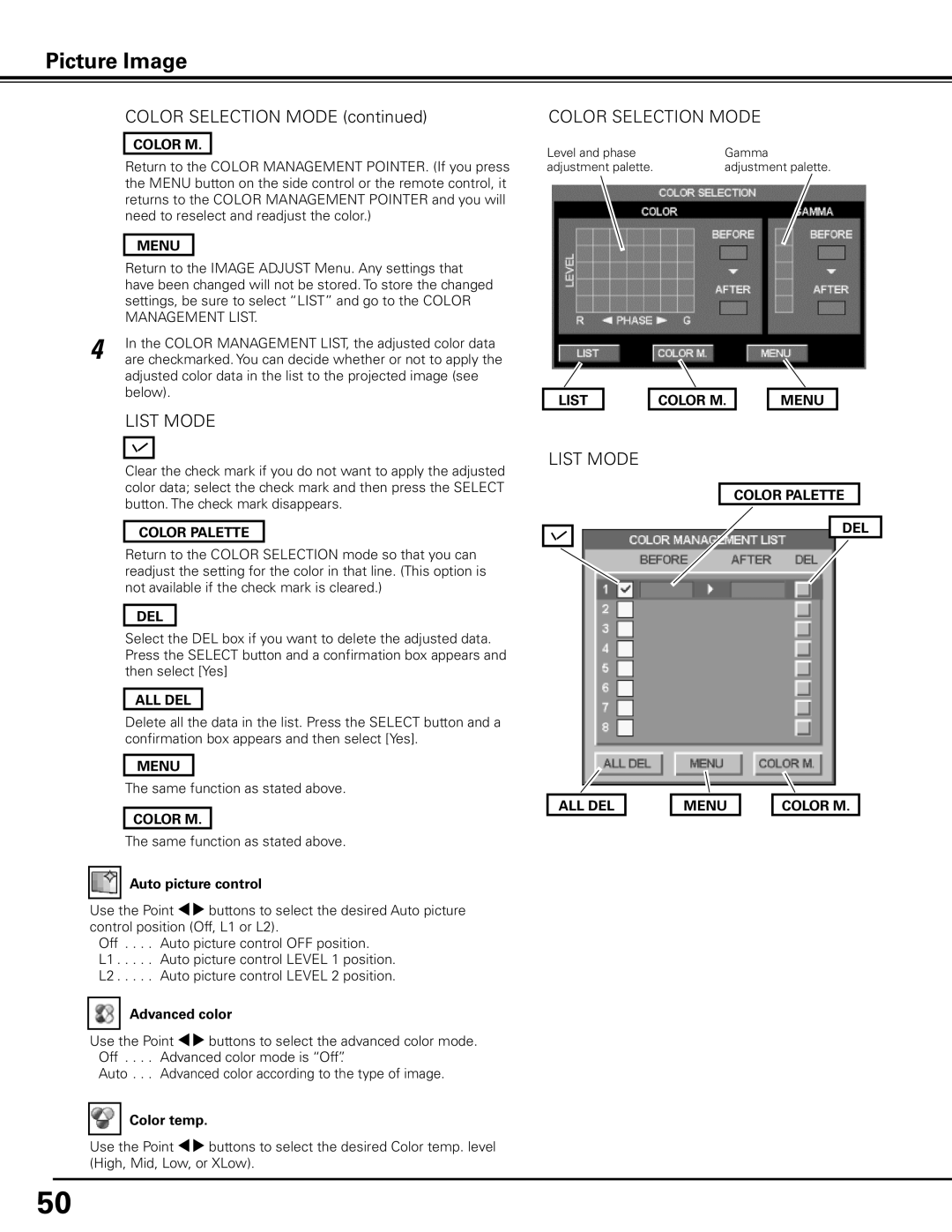 Sanyo PLC-XP200L owner manual Picture Image, COLOR SELECTION MODE continued, List Mode, Color Selection Mode 