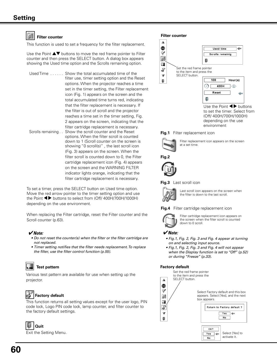 Sanyo PLC-XP200L owner manual Setting, This function is used to set a frequency for the filter replacement 