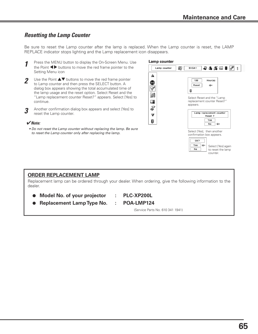 Sanyo PLC-XP200L owner manual Resetting the Lamp Counter, Maintenance and Care, Order Replacement Lamp 