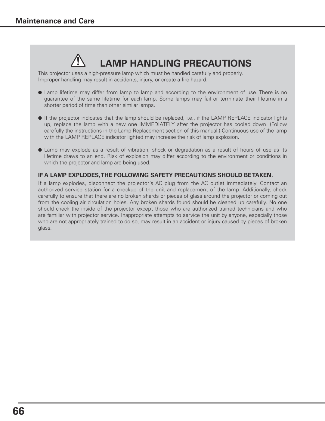 Sanyo PLC-XP200L owner manual Lamp Handling Precautions, Maintenance and Care 