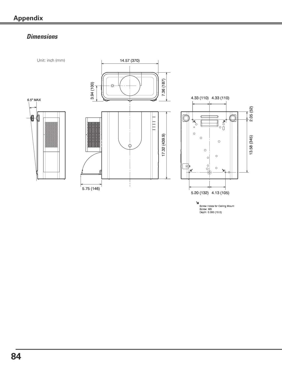 Sanyo PLC-XP200L owner manual Dimensions, Appendix, Unit inch mm 