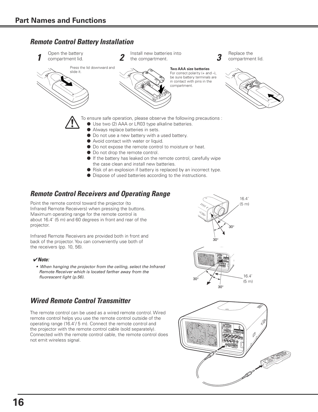 Sanyo PLC-XP200L owner manual Remote Control Battery Installation, Remote Control Receivers and Operating Range 