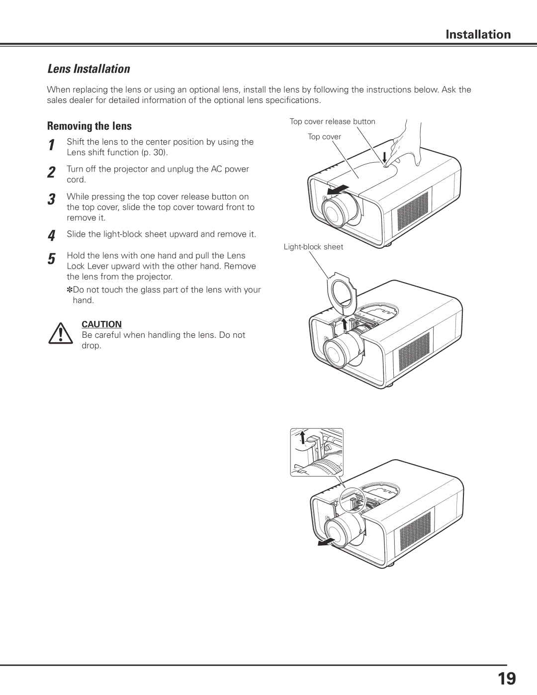 Sanyo PLC-XP200L owner manual Lens Installation, Removing the lens 