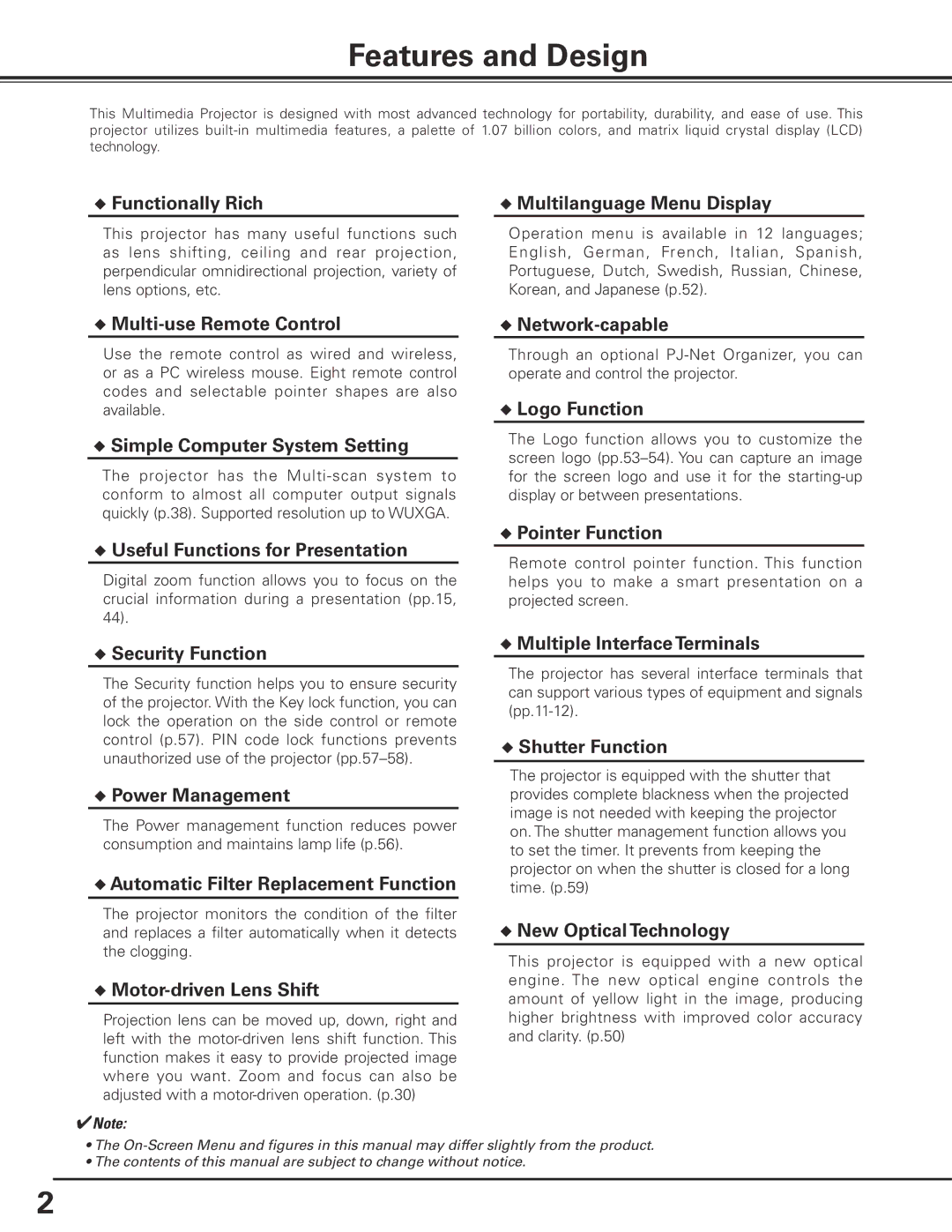 Sanyo PLC-XP200L owner manual Features and Design 