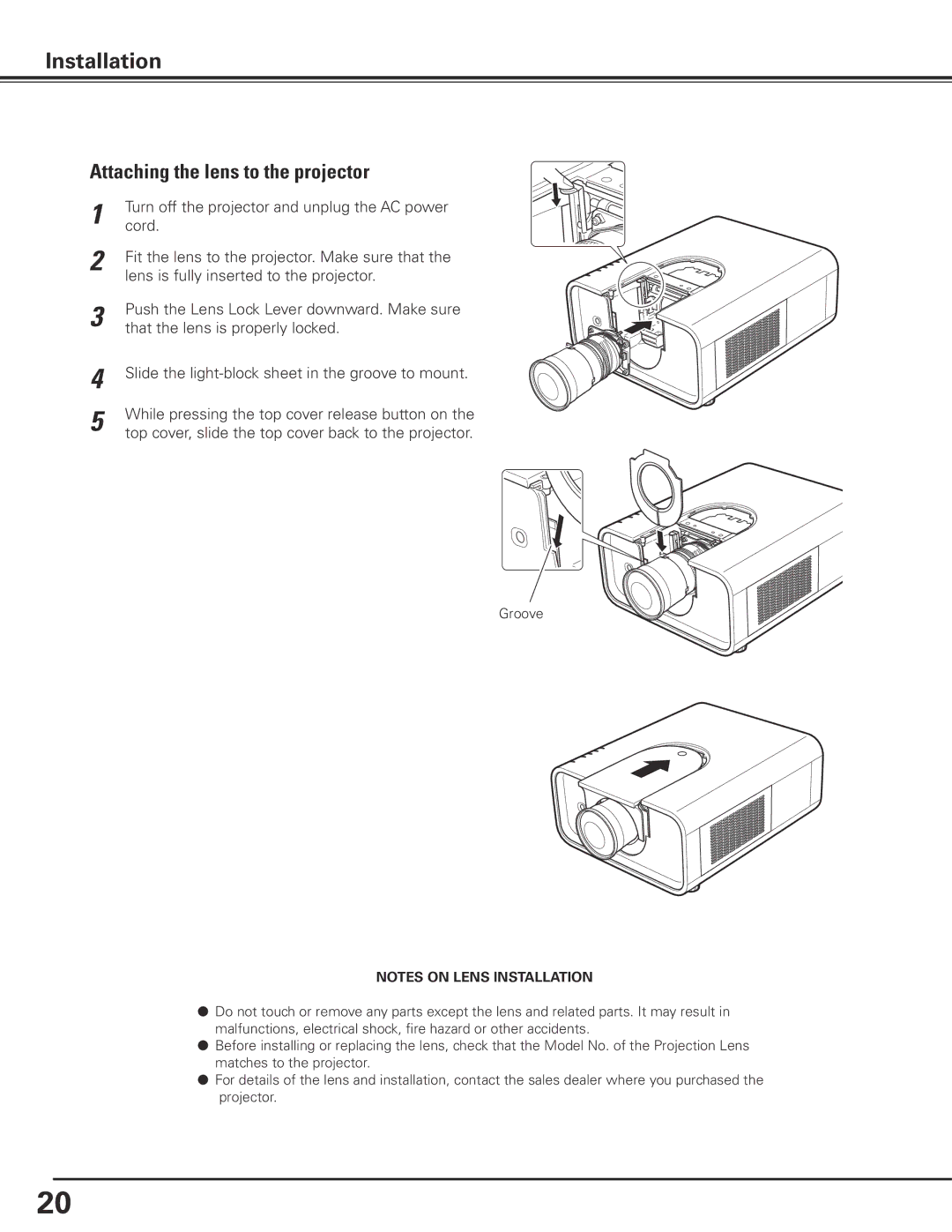 Sanyo PLC-XP200L owner manual Attaching the lens to the projector 