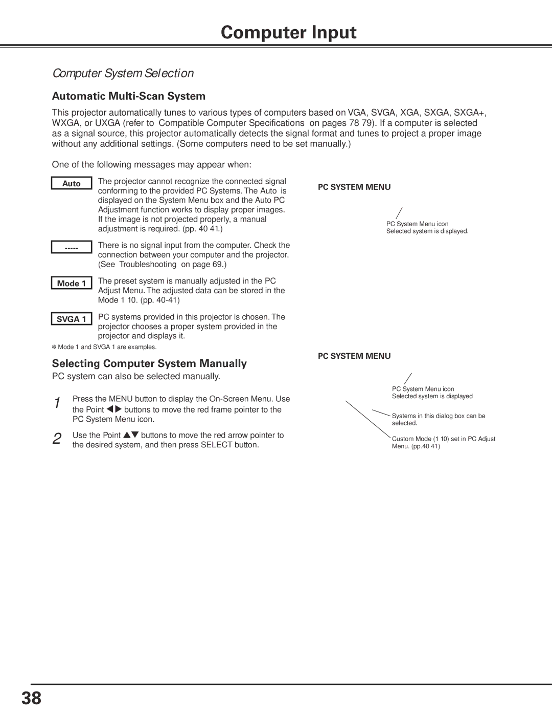 Sanyo PLC-XP200L owner manual Computer Input, Computer System Selection, Automatic Multi-Scan System 