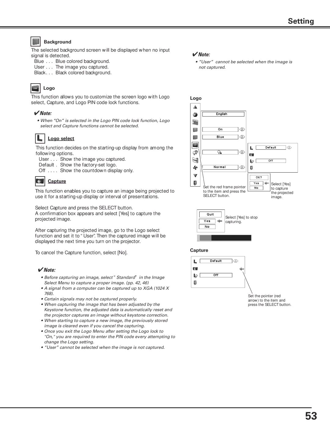 Sanyo PLC-XP200L owner manual Background, Logo select, Capture 