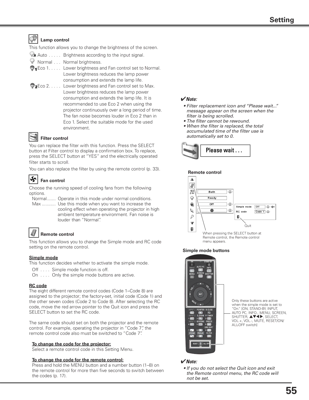 Sanyo PLC-XP200L owner manual Lamp control, Filter control, Fan control, Remote control, RC code, Simple mode buttons 