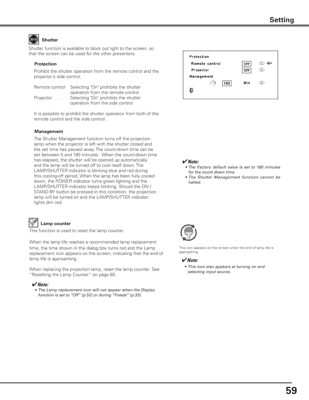 Sanyo PLC-XP200L owner manual Shutter, Protection, Management, Lamp counter 