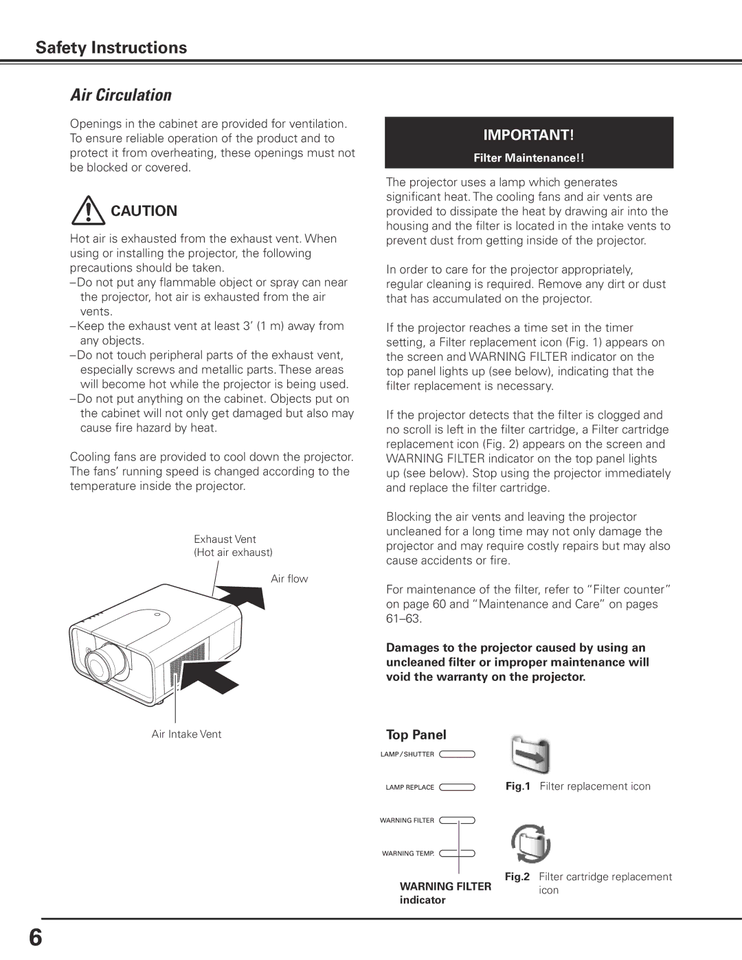 Sanyo PLC-XP200L owner manual Air Circulation, Top Panel 