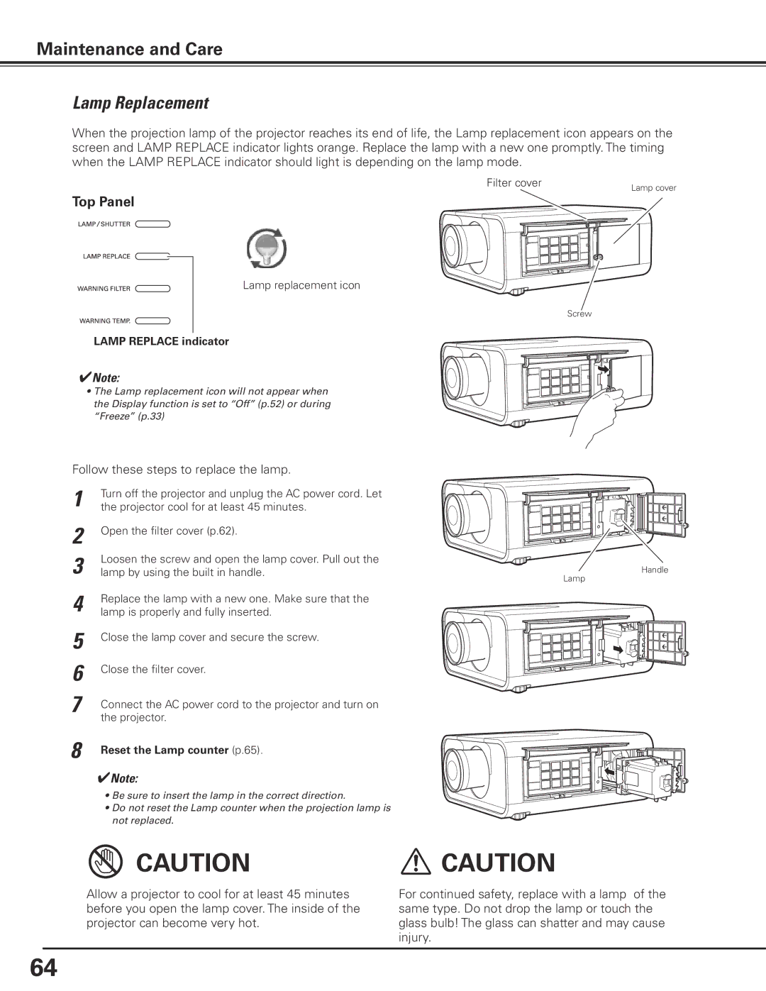 Sanyo PLC-XP200L owner manual Lamp Replacement, Top Panel, Lamp Replace indicator, Reset the Lamp counter p.65 