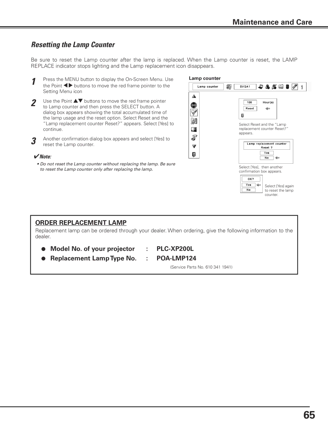 Sanyo PLC-XP200L owner manual Resetting the Lamp Counter, Order Replacement Lamp 