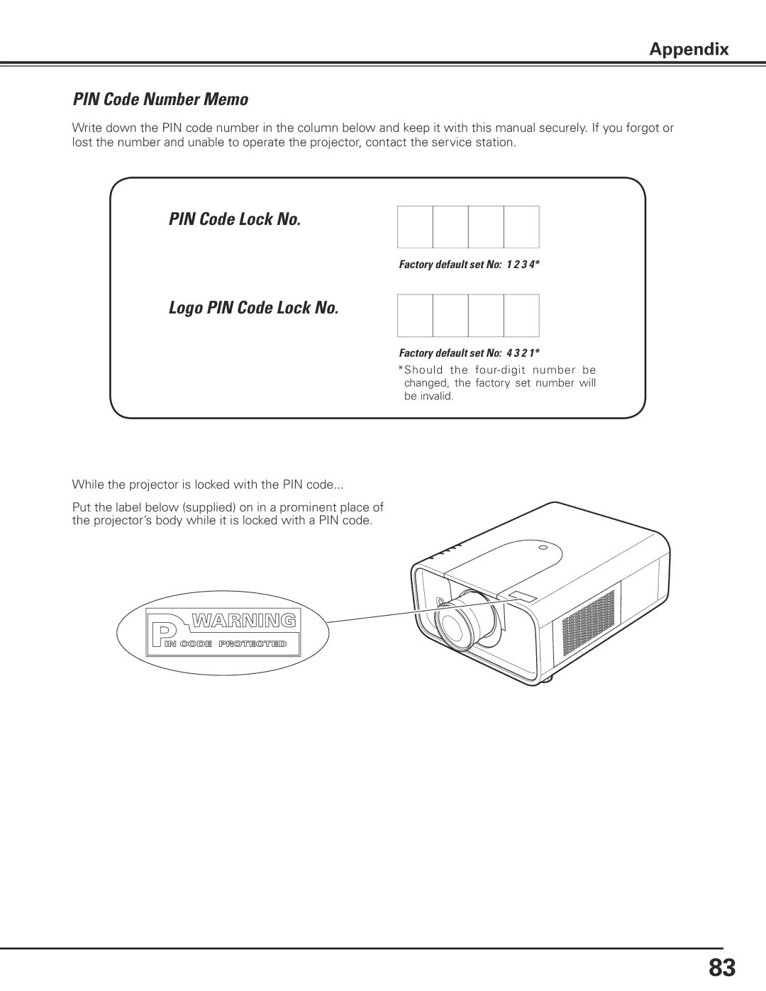 Sanyo PLC-XP200L owner manual PIN Code Number Memo, Logo PIN Code Lock No 