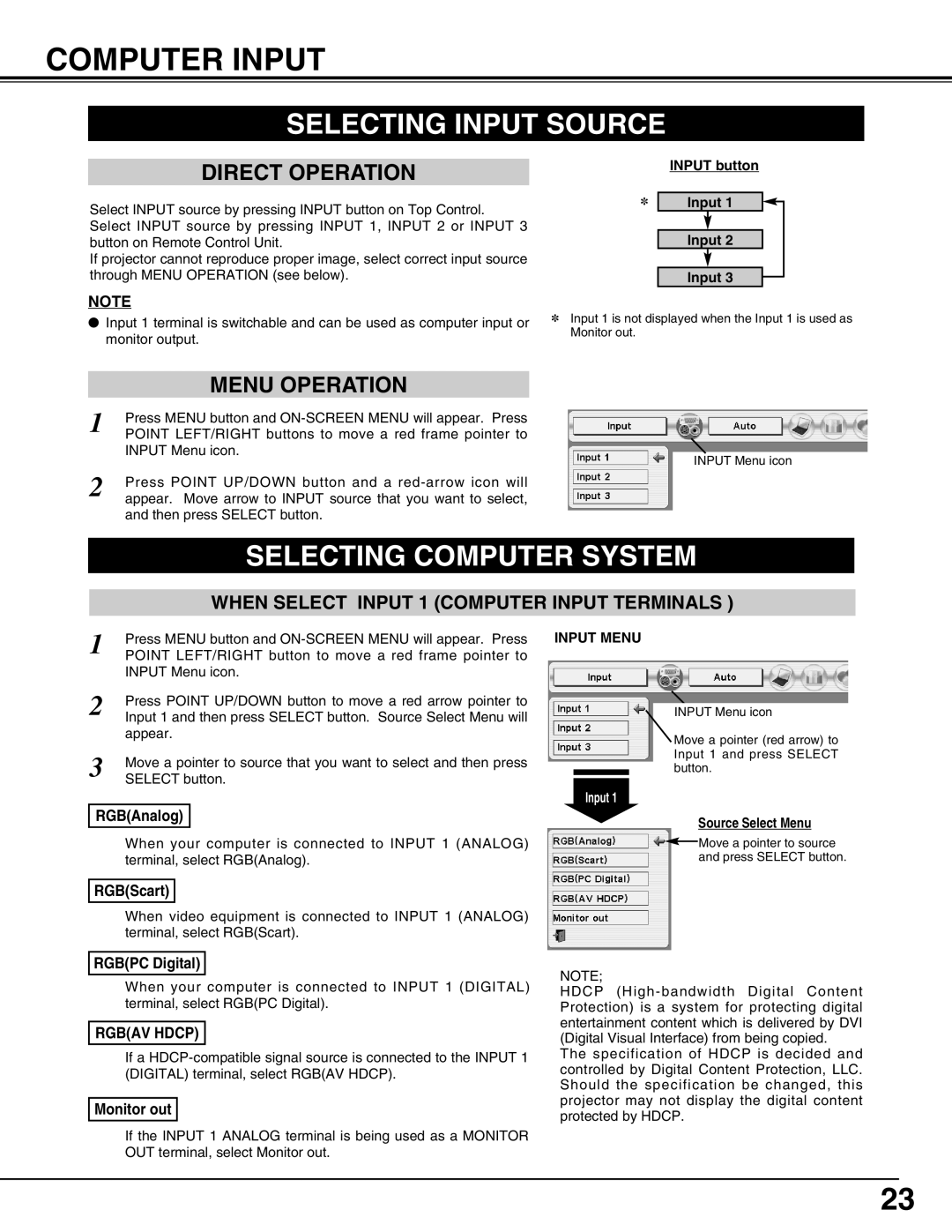 Sanyo PLC-XP55L owner manual Computer Input, Selecting Input Source, Selecting Computer System, Rgbav Hdcp 