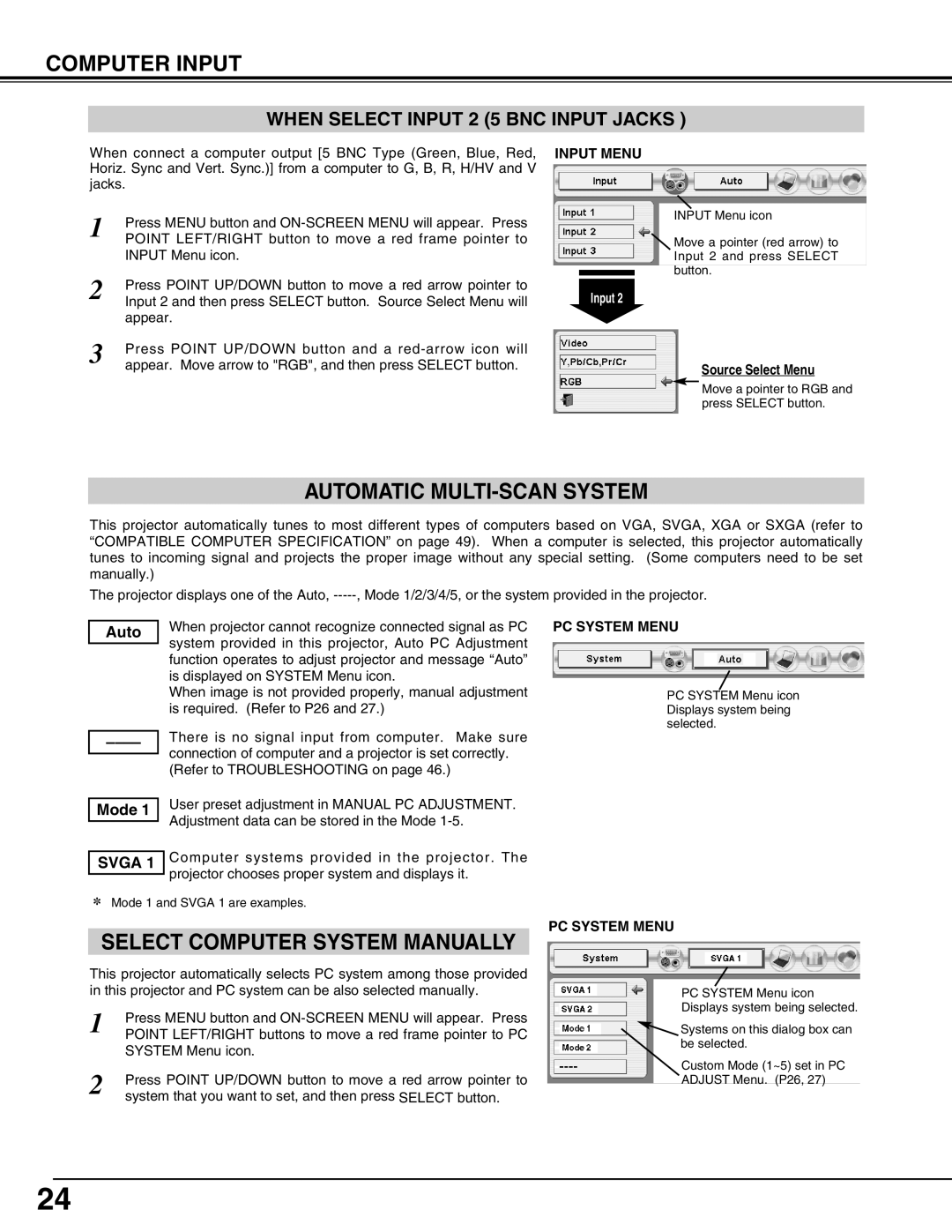 Sanyo PLC-XP55L owner manual Automatic MULTI-SCAN System, PC System Menu 