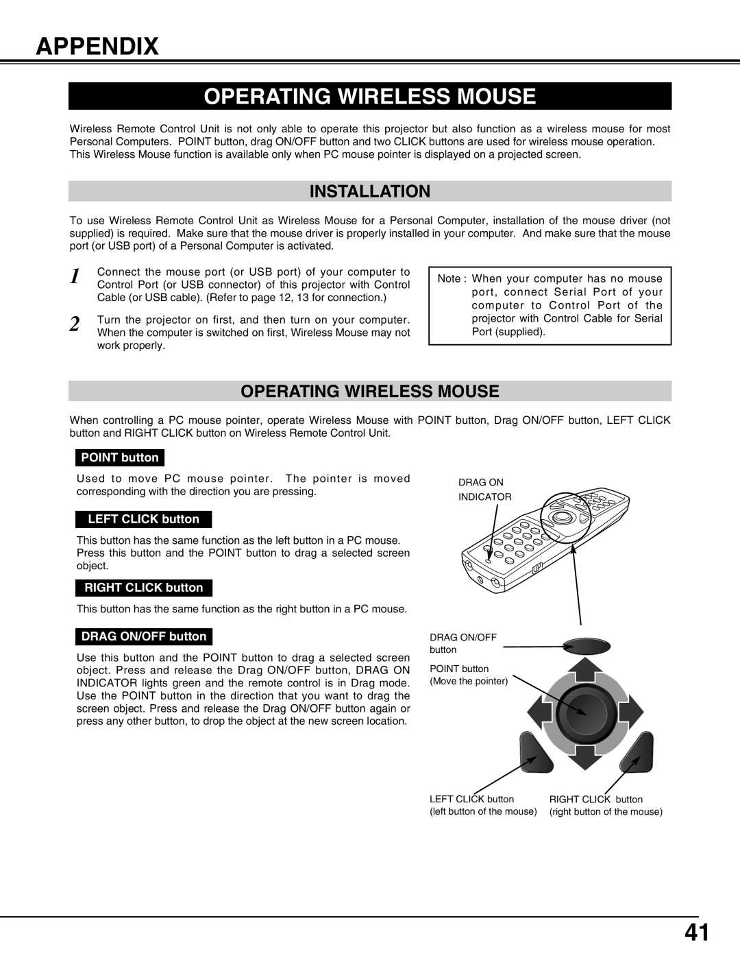 Sanyo PLC-XP55L owner manual Appendix, Operating Wireless Mouse, Installation 