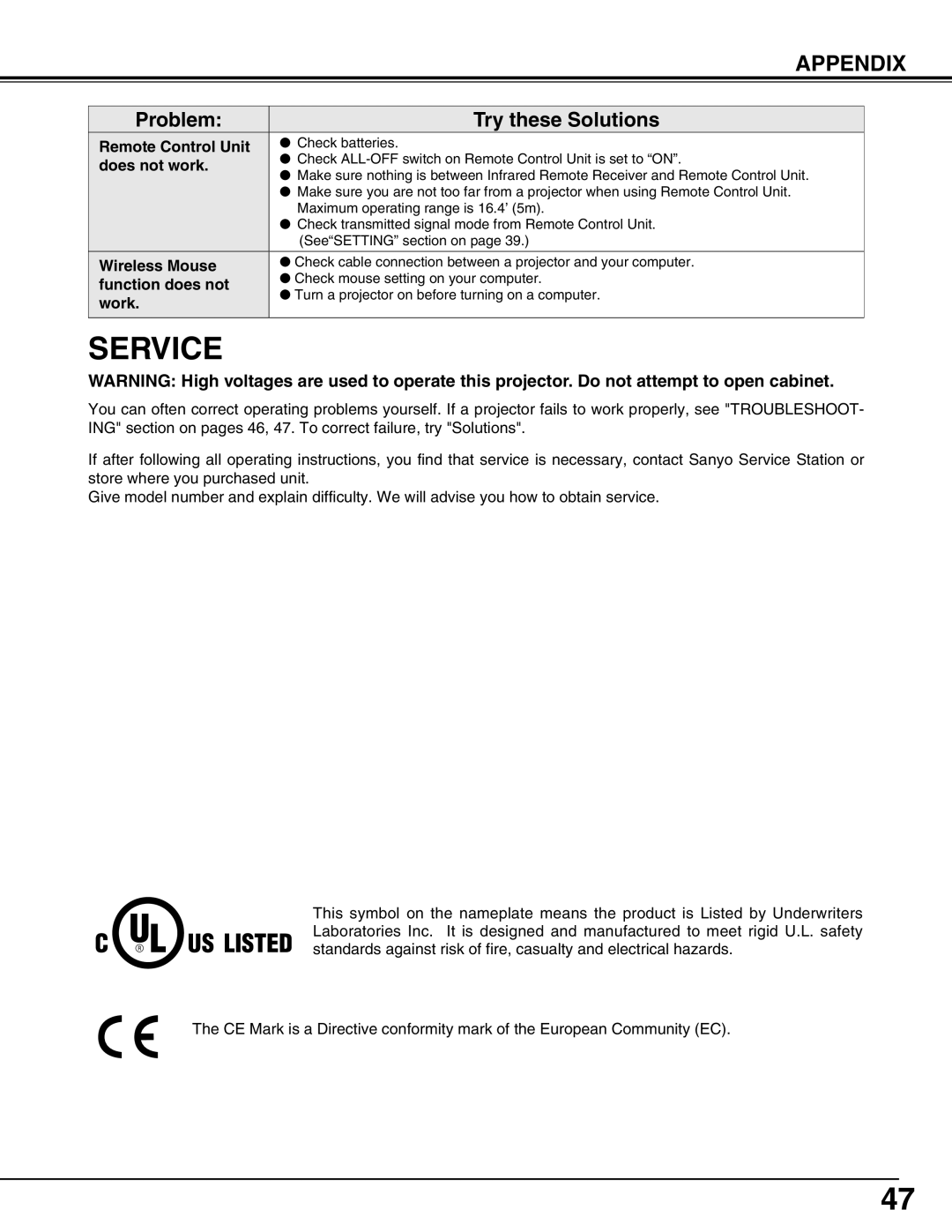 Sanyo PLC-XP55L owner manual Service 